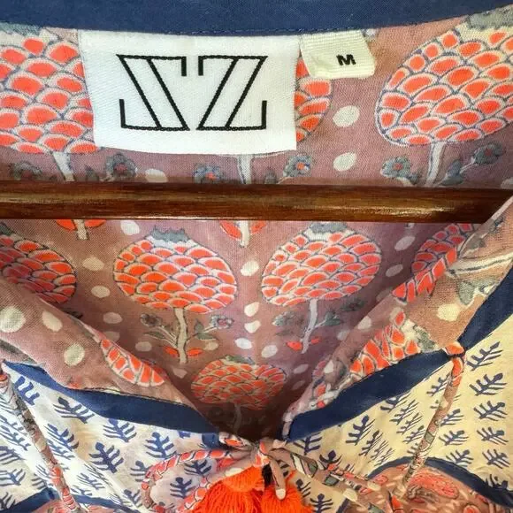 SZ Block Prints Tunic Top with Tassel Accents Red Size Medium Made in India Boho - Picture 3 of 9